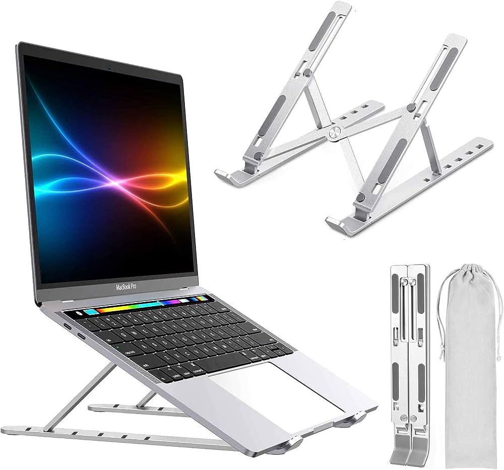 A silver folding metal laptop/tablet stand shown in various positions, with a laptop placed on top demonstrating the stand's use.